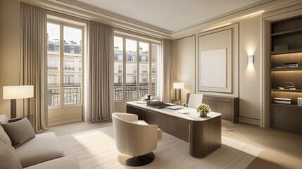 Elegant home office features a view of Parisian architecture