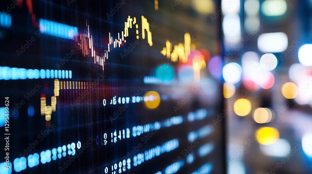 Poster Dynamic stock market chart displaying fluctuating financial data with a vibrant urban backdrop : Generative AI