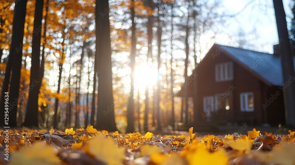 Poster charming log cabin surrounded by autumn leaves and sunlight in serene forest : generative ai