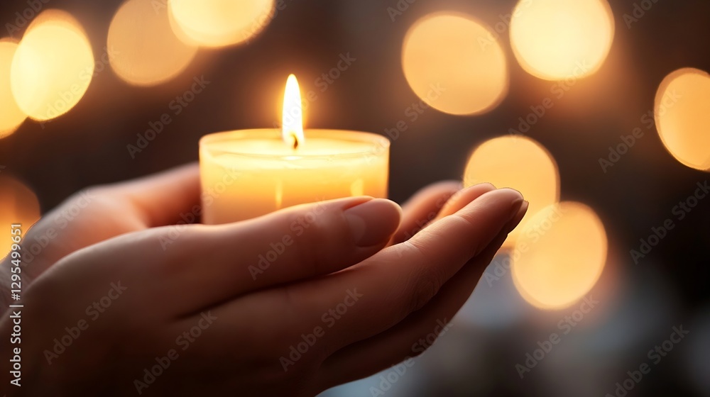 Poster hand holding a lit candle in a cozy atmosphere with warm bokeh background : generative ai