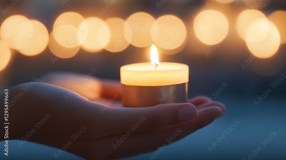 Poster hand holding candle with soft flickering light and blurred background : generative ai