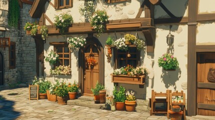 A charming outdoor corner with hanging potted plants and wooden accents.