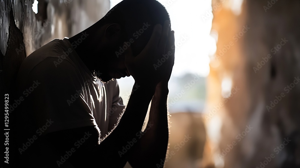 Poster emotional scene of a man in despair with his head in hands captured in a dramatic light setting : ge
