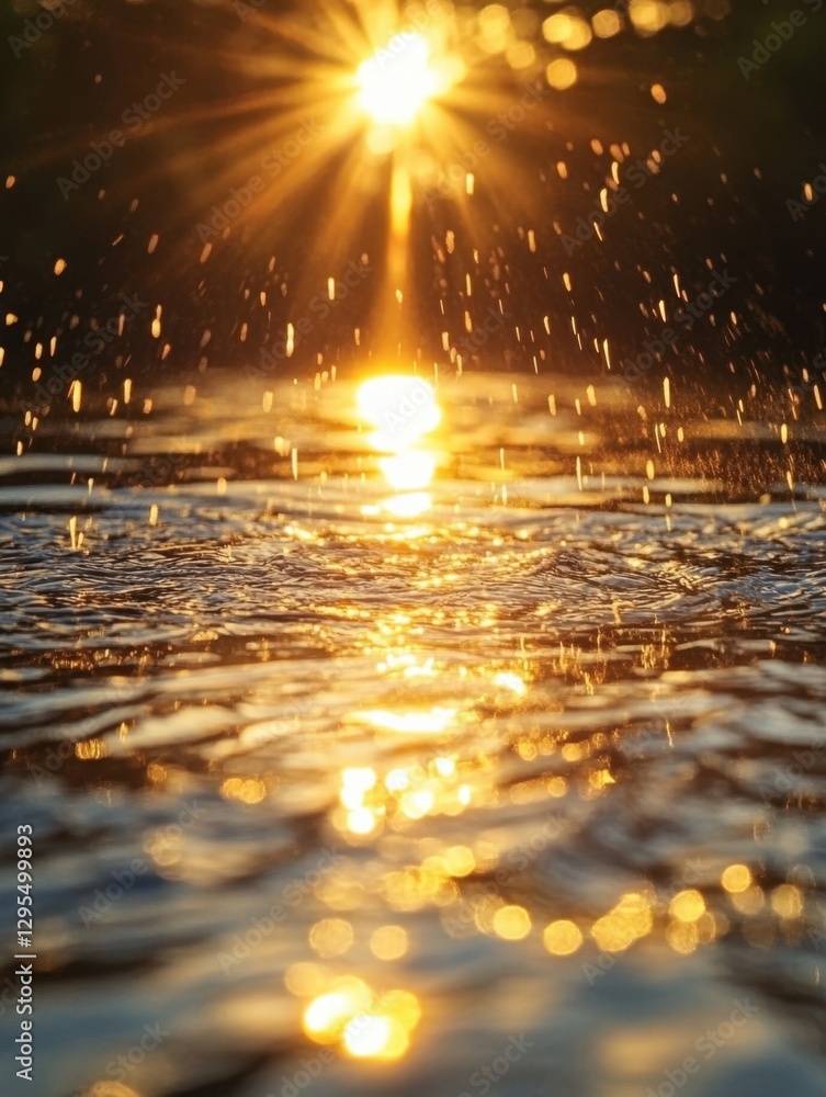 Poster golden hour sunlight reflecting on rippling water surface creating a mesmerizing bokeh effect and vi