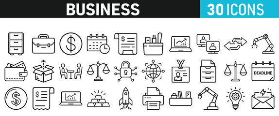 Set of 30 Business icons. Business web icons in line style. Money, bank, contact, infographic, balance. Icon collection. Vector illustration.