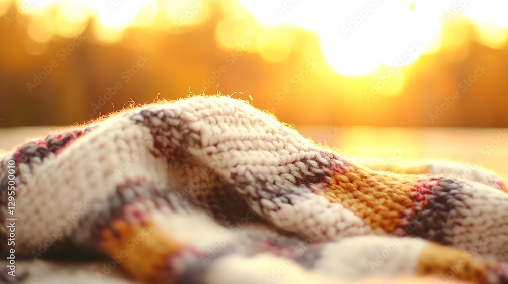 Poster bright knitted blanket in warm hues resting on a table under soft golden sunlight : generative ai