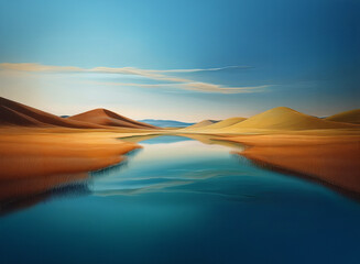 A serene landscape with a calm river reflecting the clear blue sky. Sandy dunes and mountains form the background under soft clouds.