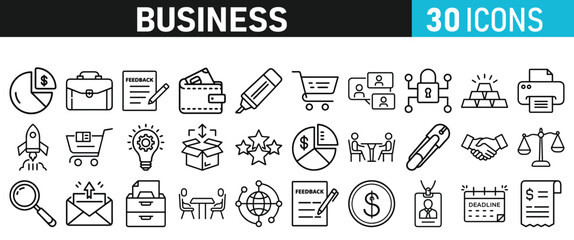 Set of 30 Business icons. Business web icons in line style. Money, bank, contact, infographic, balance. Icon collection. Vector illustration.