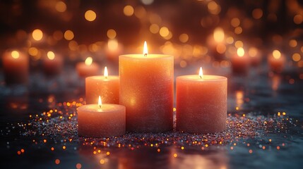 Glowing Candles on Sparkling Surface with Bokeh Lights