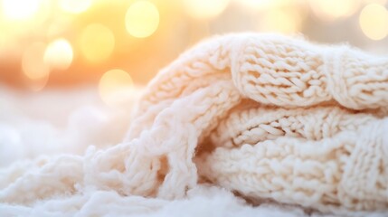 Cozy Soft Cream Knitted Scarf on Fluffy Surface with Sunlight : Generative AI
