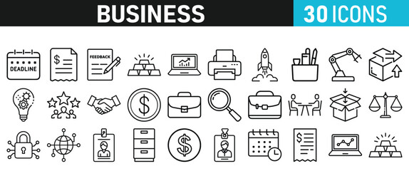 Set of 30 Business icons. Business web icons in line style. Money, bank, contact, infographic, balance. Icon collection. Vector illustration.