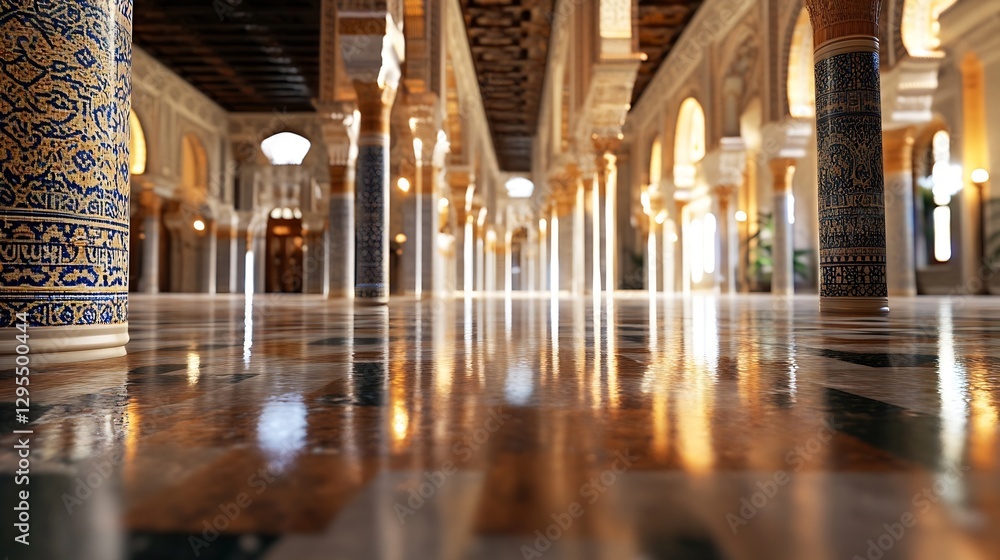 Poster elegant interior architecture of a historical building with ornate pillars and polished floors : gen