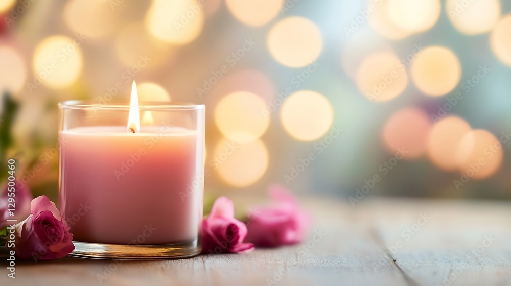 Poster delicate pink candle surrounded by vibrant roses creating serene ambiance with bokeh lights for rela