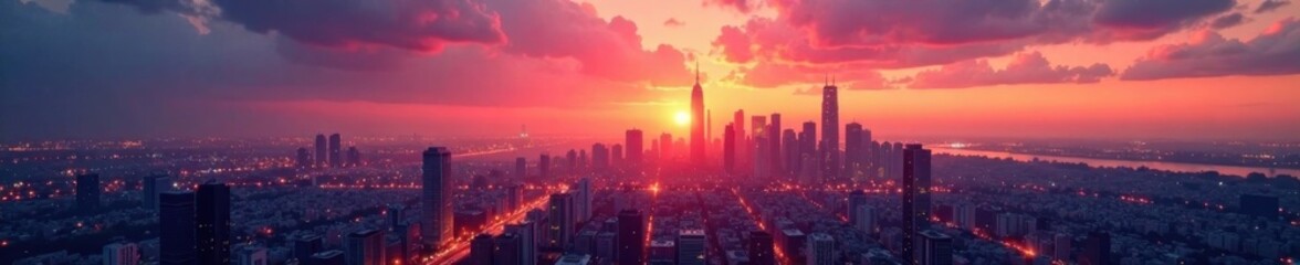 Fototapeta premium Minimalist cityscape at sunset with skyscrapers and bright lights , skyscrapers, sunset, future