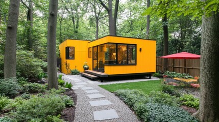 A contemporary garden design of a yellow home with a visually dynamic walking path.