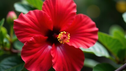 A vibrant red hibiscus flower in full bloom with a yellow stamen, surrounded by green leaves.