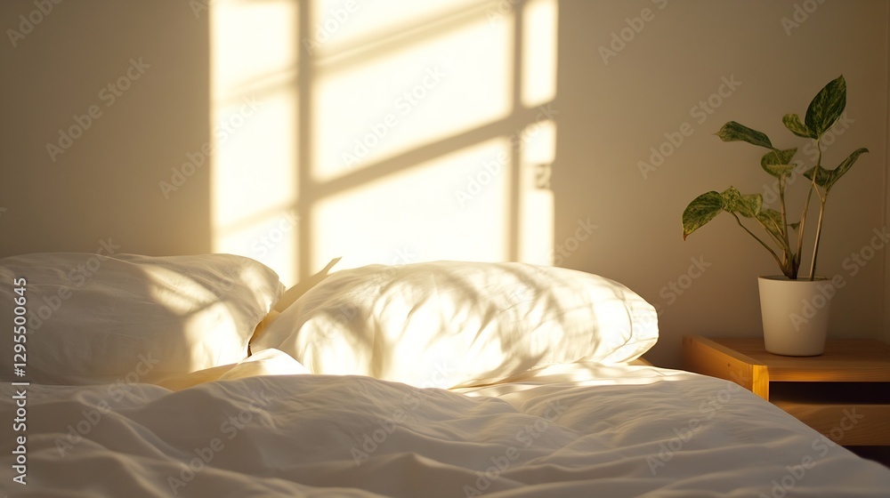 Aufkleber warm sunlight casts gentle shadows on a cozy bedroom adding a serene atmosphere : generative ai