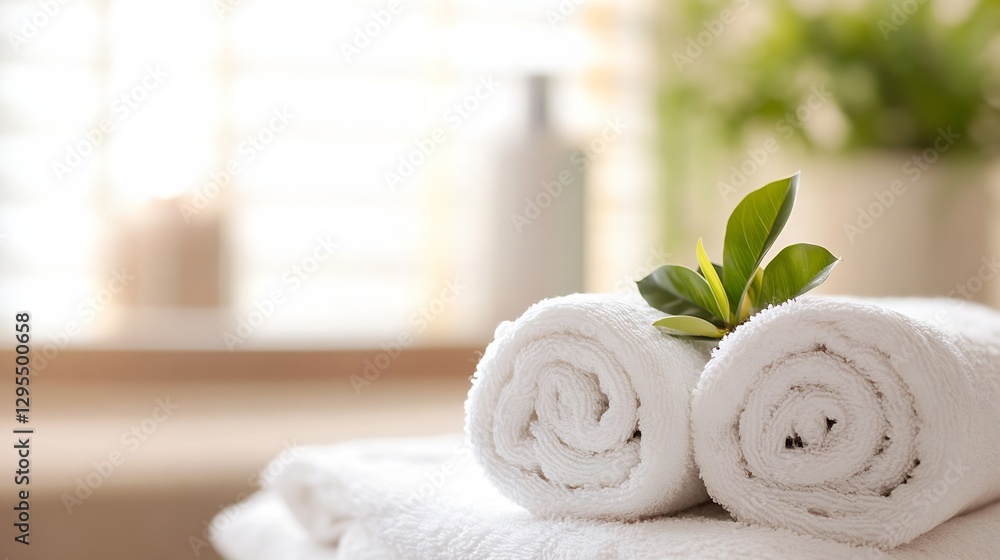 Poster Rolled White Towels with Green Leaf on Soft Surface for Spa and Wellness Concepts : Generative AI