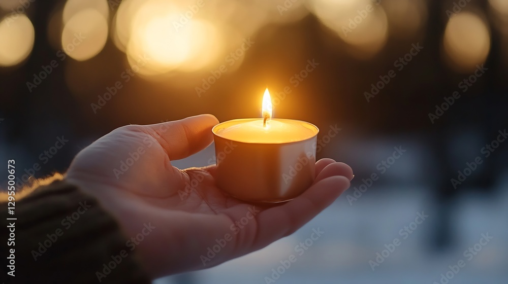Aufkleber golden candle glowing in hand with soft sunset glow in the background : generative ai