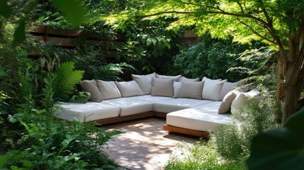 A contemporary garden lounge tucked away behind a wall of lush green trees.