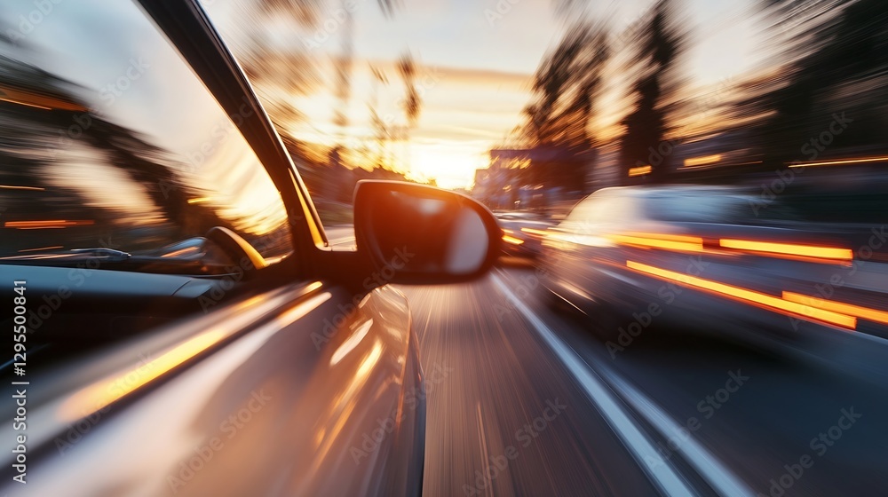 Poster dynamic view of a car driving fast with a blurred background during a beautiful sunset : generative 