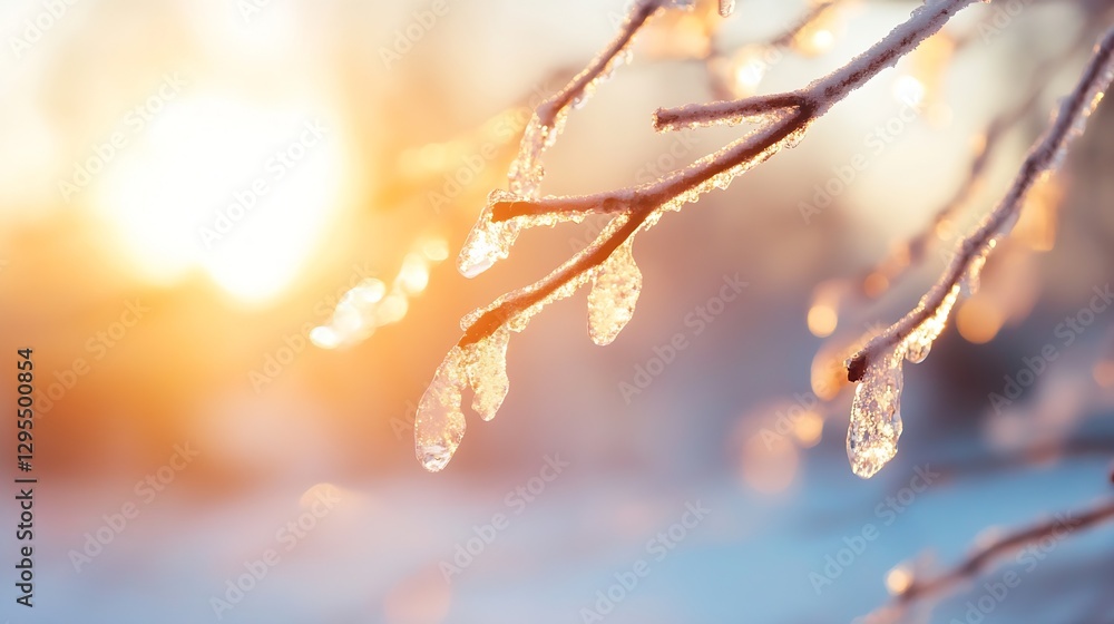 Poster beautiful ice covered branches glisten in the soft glow of sunrise creating a magical winter atmosph