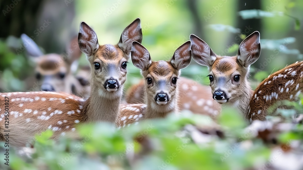 Poster charming group of baby deer gathering in the lush green forest surrounded by foliage and trees : gen
