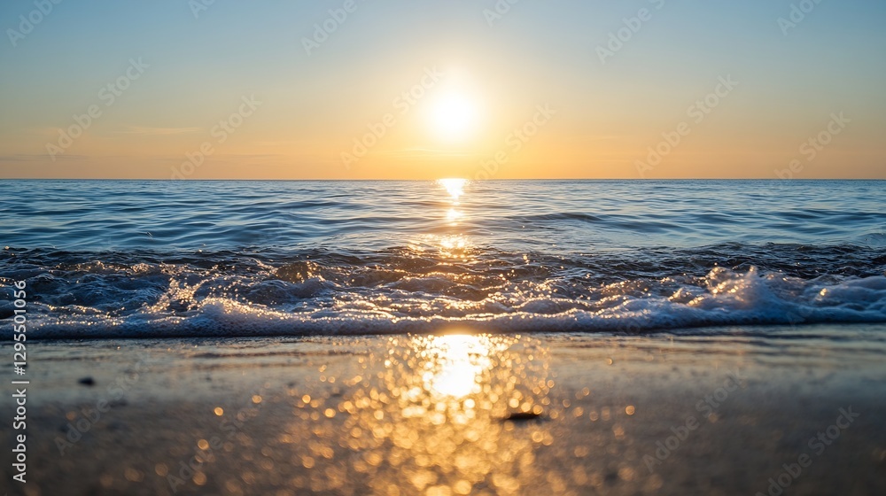 Aufkleber golden sun setting over the ocean waves in a breathtaking seaside view : generative ai