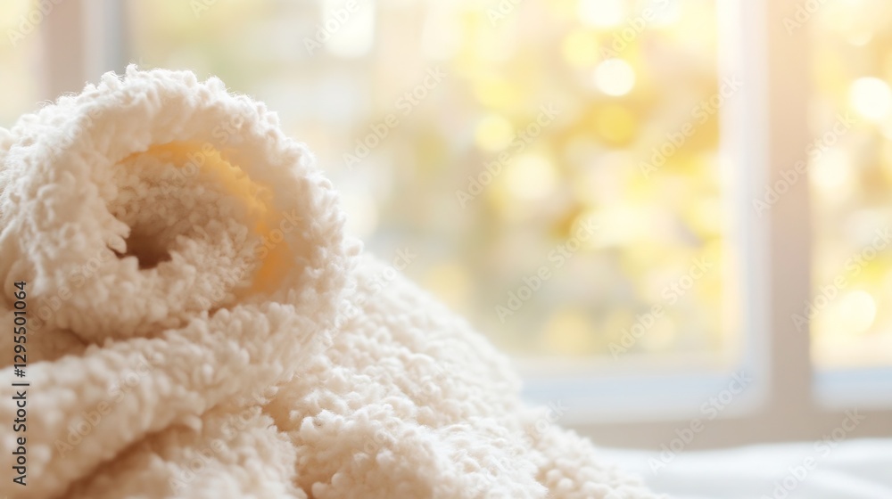 Leinwandbilder Cozy rolled soft towel on bed with warm sunlight creating a serene atmosphere : Generative AI