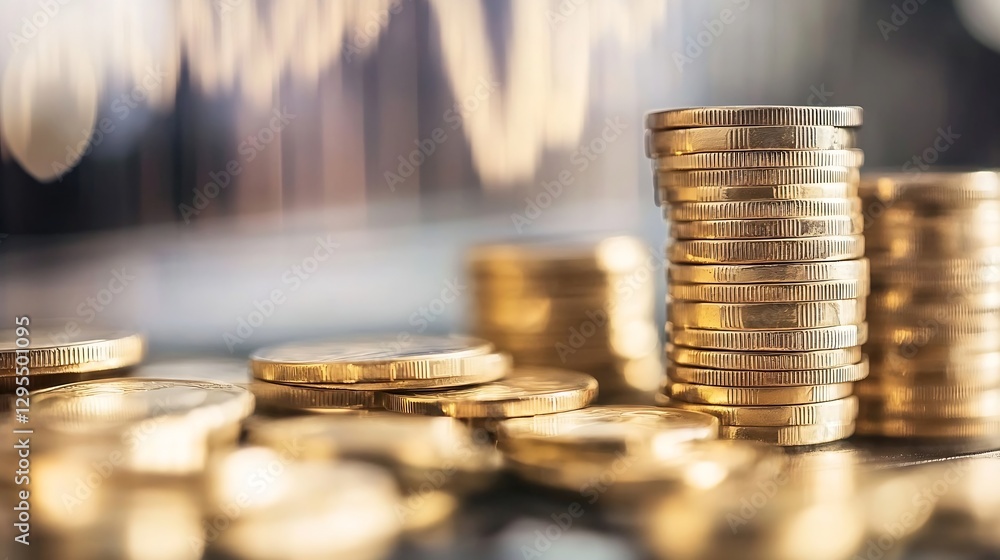 Leinwandbilder Close up of stacks of golden coins with a blurred financial chart in the background representing wealth and investment : Generative AI