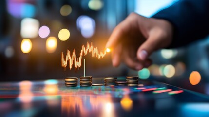 Dynamic financial growth concept with hand placing coins and fluctuating graph visualization : Generative AI
