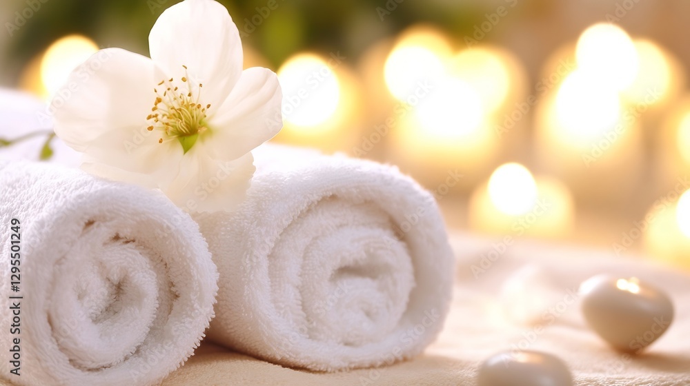 Poster soft white towels and a beautiful flower with blurred candle lights in the background : generative a