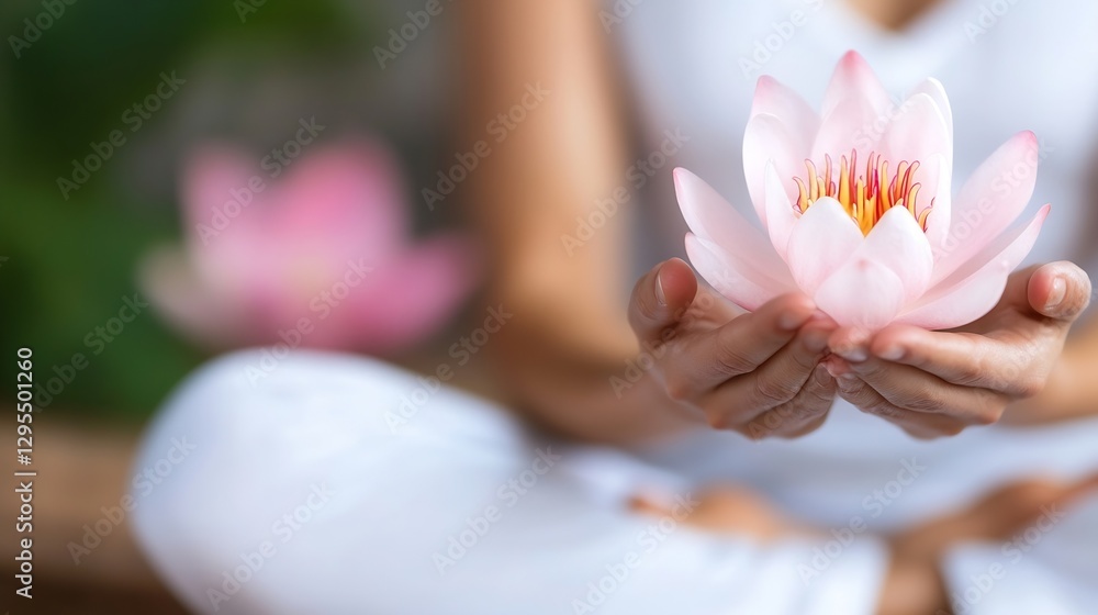 Aufkleber serene hands holding delicate lotus flower in tranquil meditation setting : generative ai