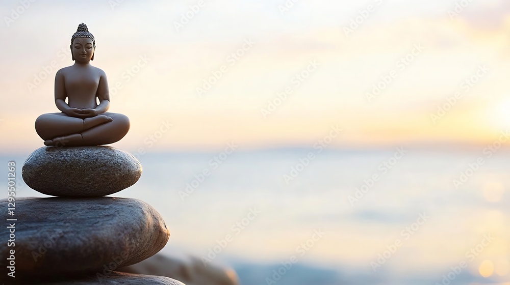 Poster peaceful buddha statue on a stone with a soft sunset background for mindfulness and meditation : gen