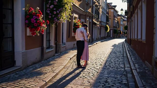 Romantic video scene of a couple embracing on a sunlit cobblestone street, captured from a low angle, highlighting vibrant flower boxes and warm light.