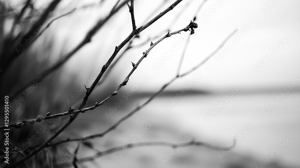 Aufkleber Delicate and artistic black and white photograph of bare branches against a soft tranquil backdrop : Generative AI