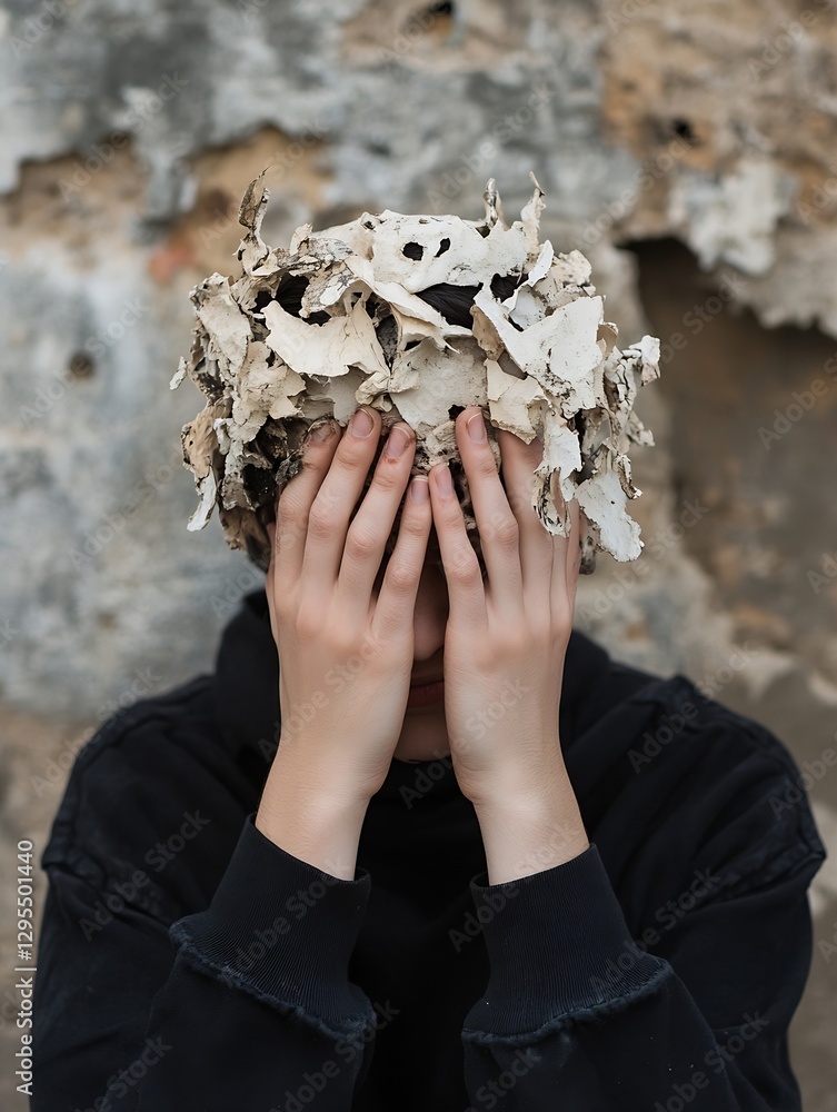 Aufkleber Conceptual portrait of a person covered in leaves with hands raised to their face set against a rustic background : Generative AI