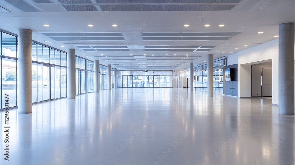 Poster spacious modern interior of a bright hall with large windows and polished floors for versatile use :