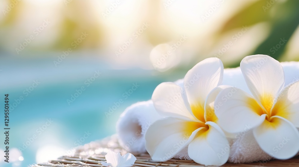 Poster Serene Spa Experience with White Flowers and Soft Towels by a Refreshing Poolside for Relaxation and Rejuvenation : Generative AI
