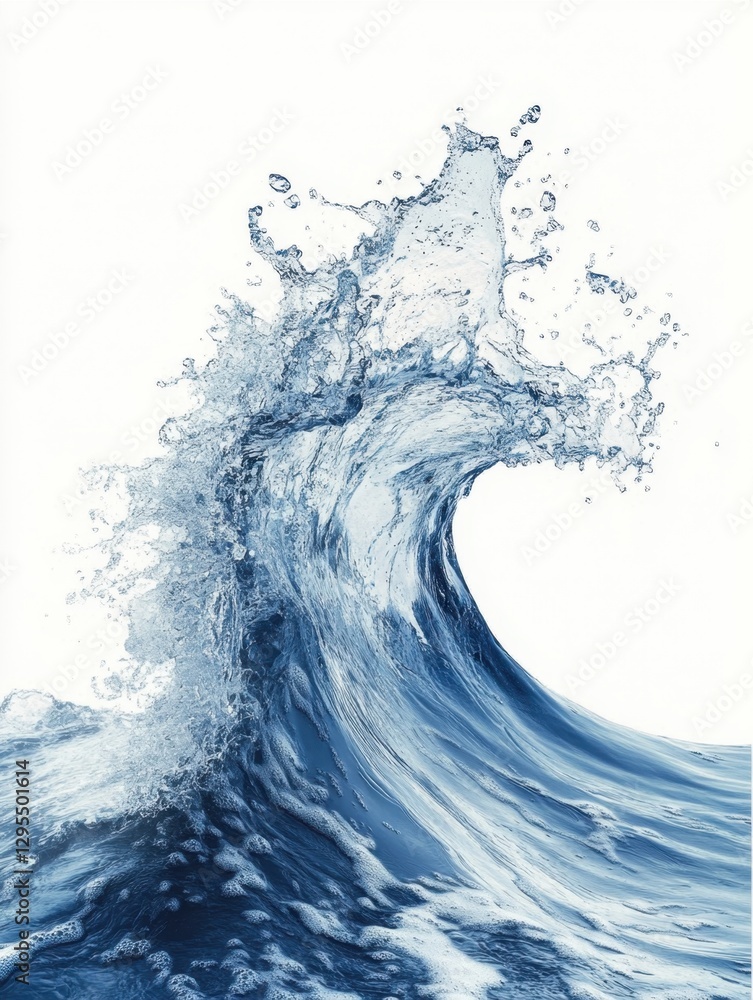 Poster dynamic water wave with splash on white background capturing motion and energy in a minimalist style