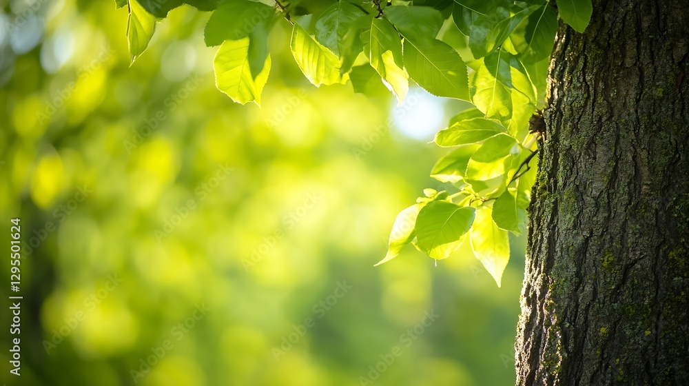 Poster closeup of lush green leaves on a tree showcasing the beauty of nature and sunlight filtering throug