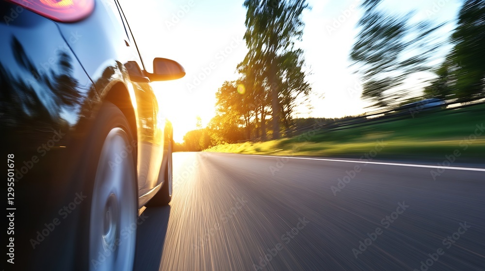 Aufkleber Dynamic motion blur of a black car driving fast on a smooth road during sunset with trees in the background : Generative AI