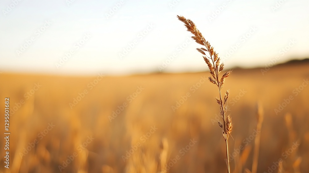 Poster golden wheat field close up featuring a single grain spike in the warm sunlight : generative ai