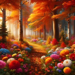 autumn with colorful trees, flowers, and leaves, a variety of deciduous trees in vibrant shades