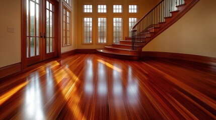 Obraz premium Polished hardwood floors, sunlit foyer, grand staircase