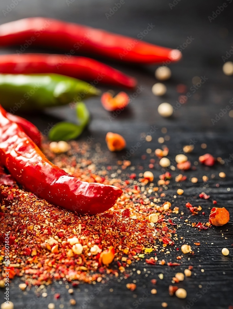 Poster vibrant red chili peppers and spices on dark surface creating a spicy and flavorful scene : generati