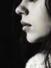 Artistic profile view of a young woman highlighting her beauty and elegance through detailed facial features in black and white : Generative AI
