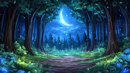 Obraz premium Enchanted Forest with Moonlight and Stars Illuminating Pathway