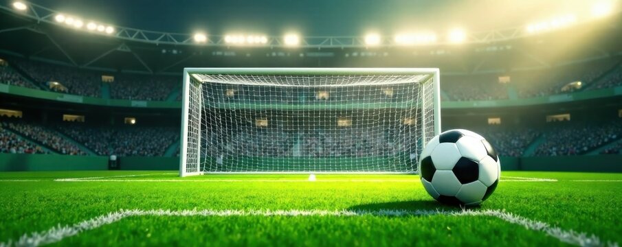 Fototapeta Minimalist soccer field background with empty goal net and ball , goal, soccer, empty