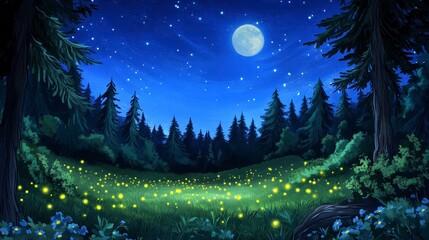 Naklejka premium Enchanting Night Landscape with Moon and Glowing Fireflies